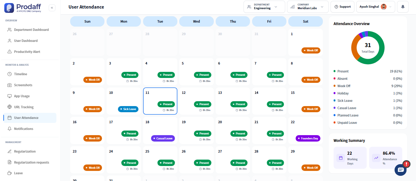 Prodaff attendance calendar showing presence, leave and working summary.
