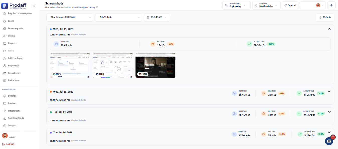 Prodaff screenshots view showing captured activity throughout the day.