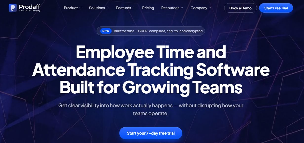 Prodaff homepage showing employee time and attendance tracking software