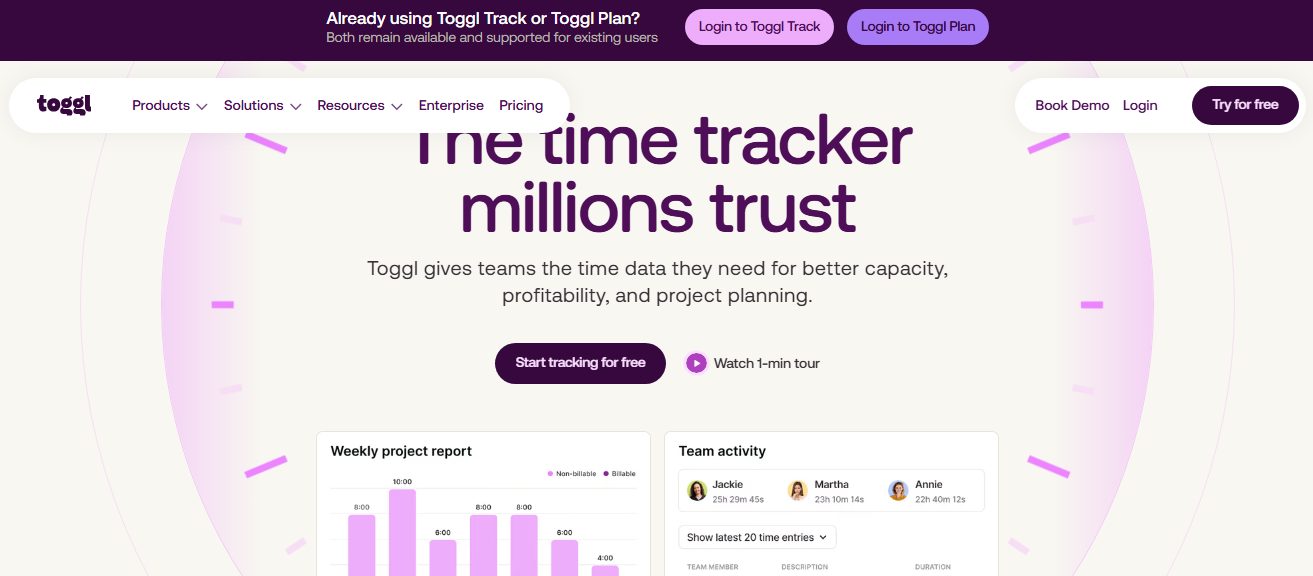 Toggl Track time tracking software homepage